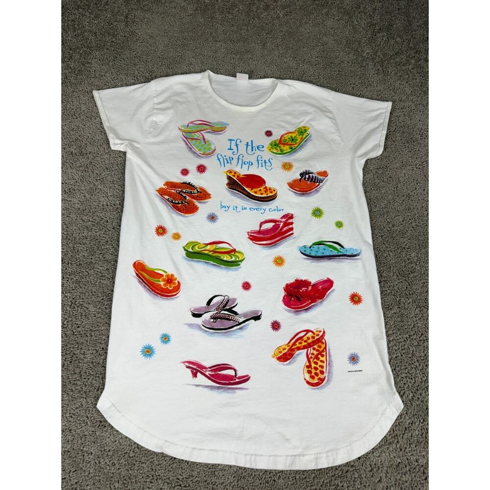 VINTAGE Rel-E-Vant Products Cat Shirt Women OS White AOP Flip Flops Fits 90s